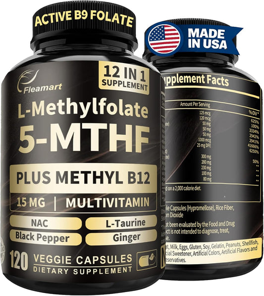 L-Metilfolato 15mg más Metil B12 - Complemento de Vitamina B9 Metilada (5-MTHF) para Salud Cerebral, Estado de Ánimo y Energía - Alta Absorción 12-en-1 - Probado por Terceros (120 Cápsulas Veganas)