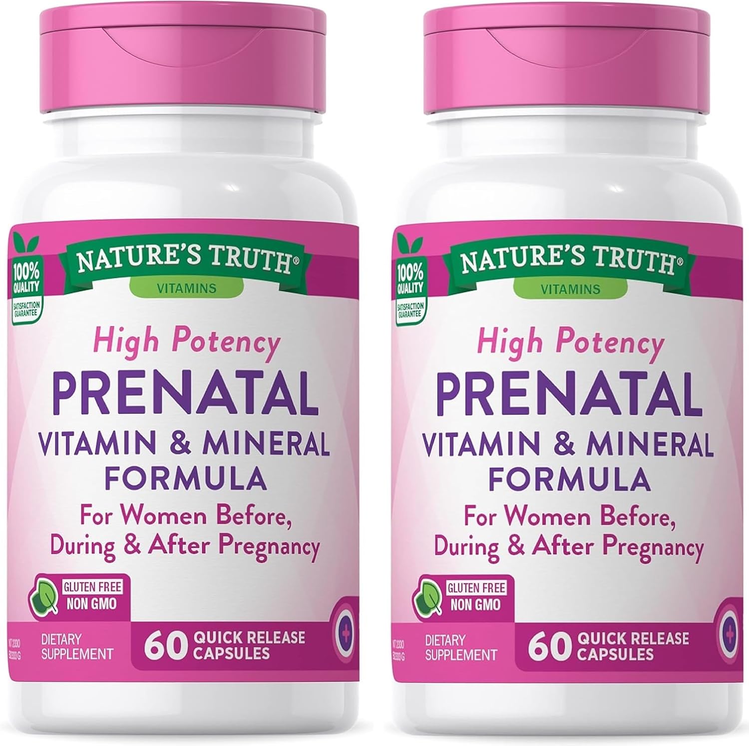 Vitaminas Prenatales con Ácido Fólico | 60 Cápsulas | Sin Gluten y No-GMO | Nature's Truth | Pack de 2