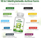 Liposomal B Complex for High Absorption Methylated B12, L-Methylfolate (5-MTHF), Full Active B Vitamins with Choline Inositol - Energy, Metabolism, Brain & Heart Support, Vegan, Non-GMO, 3 Month Supply