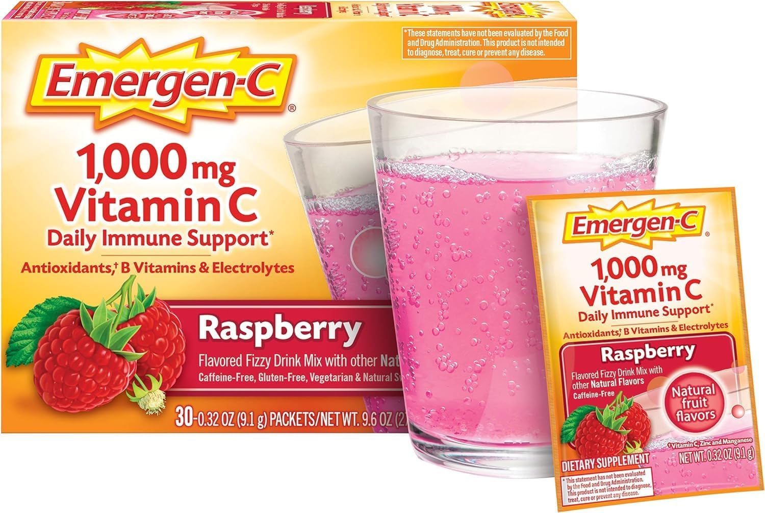 Emergen-C 1000mg Vitamina C en Polvo - Sabor Frambuesa - 30 sobres