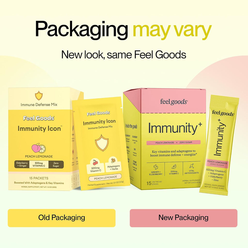 Feel Goods Immunity+ - Mezcla de apoyo inmunológico con vitamina C, hierbas orgánicas y adaptógenos - 15 sobres sabor Limonada de Melocotón