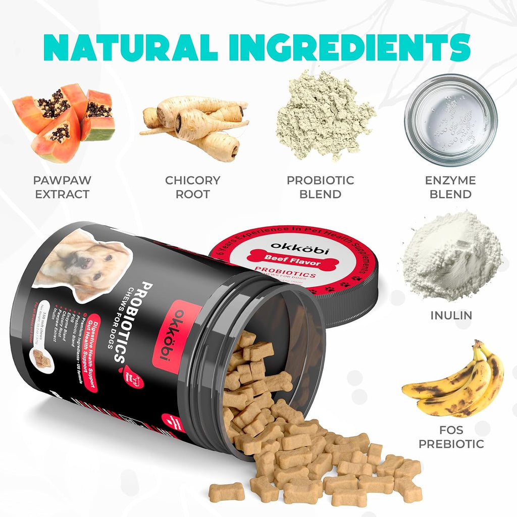 Probióticos para Perros Masticables 150 uds. - Apoyo Digestivo y Salud Intestinal - Fórmula Aprobada por Veterinarios - Sabor Ternera