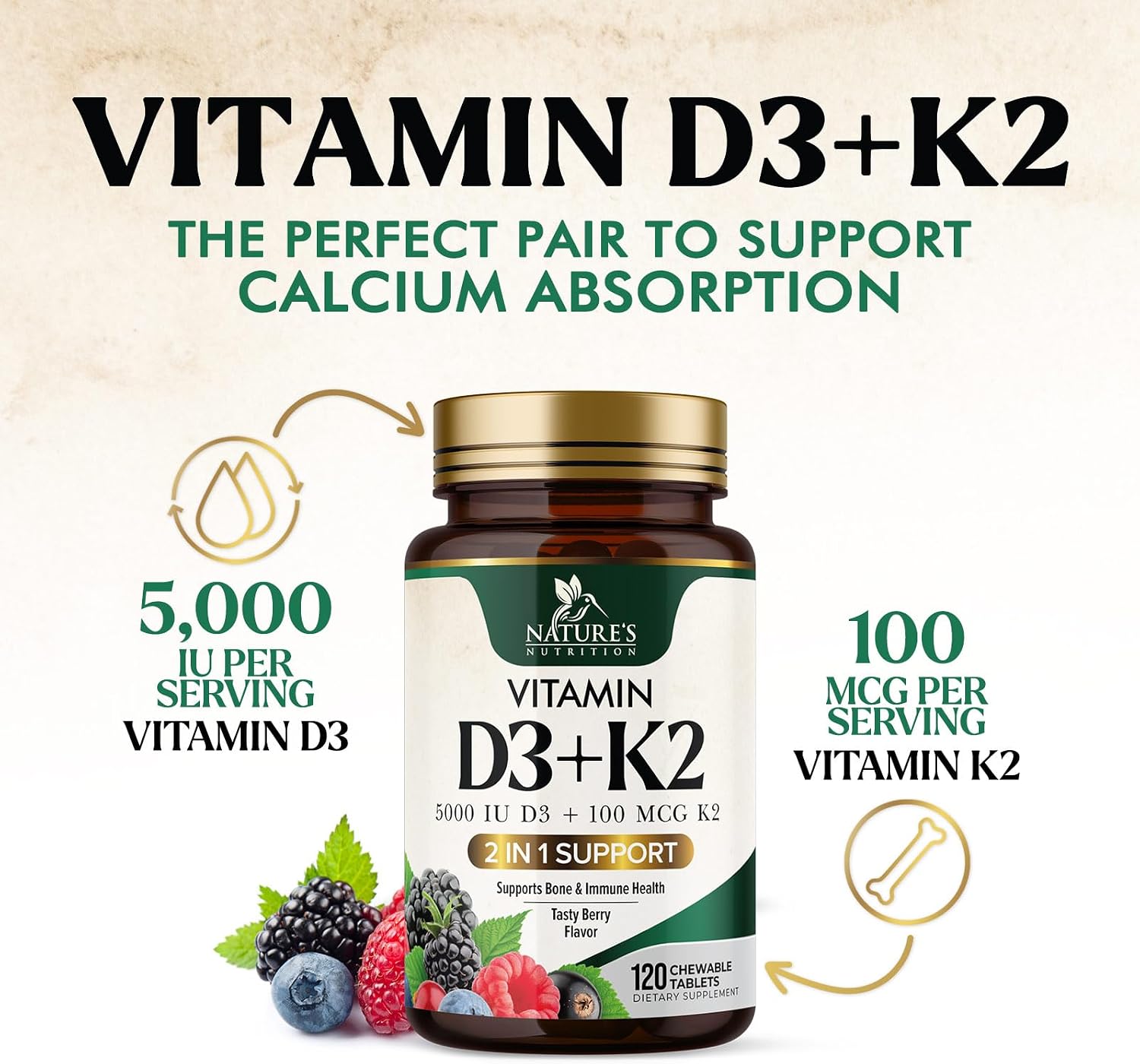 Nature's Nutrition Vitamina D3 K2 5000 UI + 100 mcg K2 MK-7, 120 Comprimidos Masticables Sabor Baya