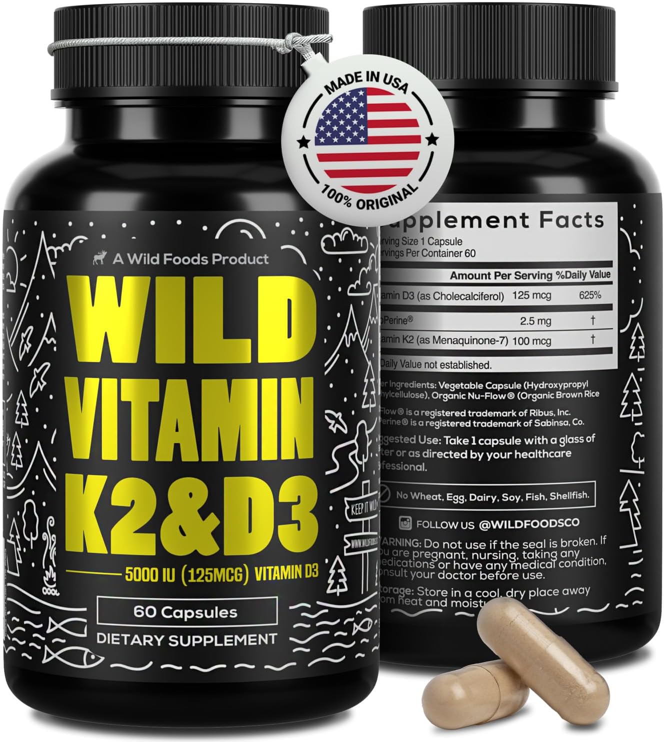 Wild Foods Vitamina D3 + K2 (100 mcg MK-7) con Extracto de Pimienta Negra | 5000 UI | 60 Cápsulas Veganas
