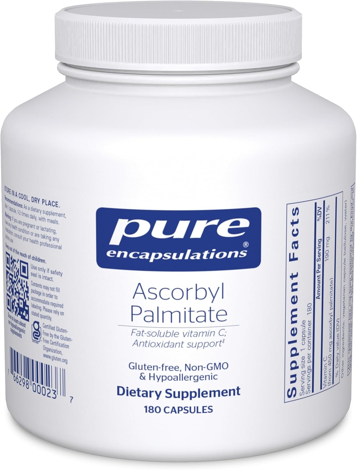 Pure Encapsulations Ascorbil Palmitato | Vitamina C | 180 Cápsulas
