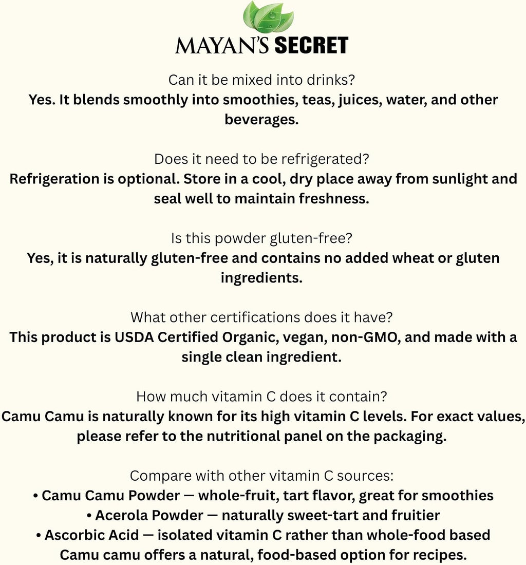 Mayan's Secret - Camu Camu en Polvo Orgánico, Certificado USDA, Vegano, Sin OGM – Superalimento con Alto Contenido de Vitamina C – 99g