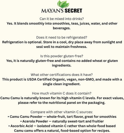 Mayan's Secret - Camu Camu en Polvo Orgánico, Certificado USDA, Vegano, Sin OGM – Superalimento con Alto Contenido de – Image 8