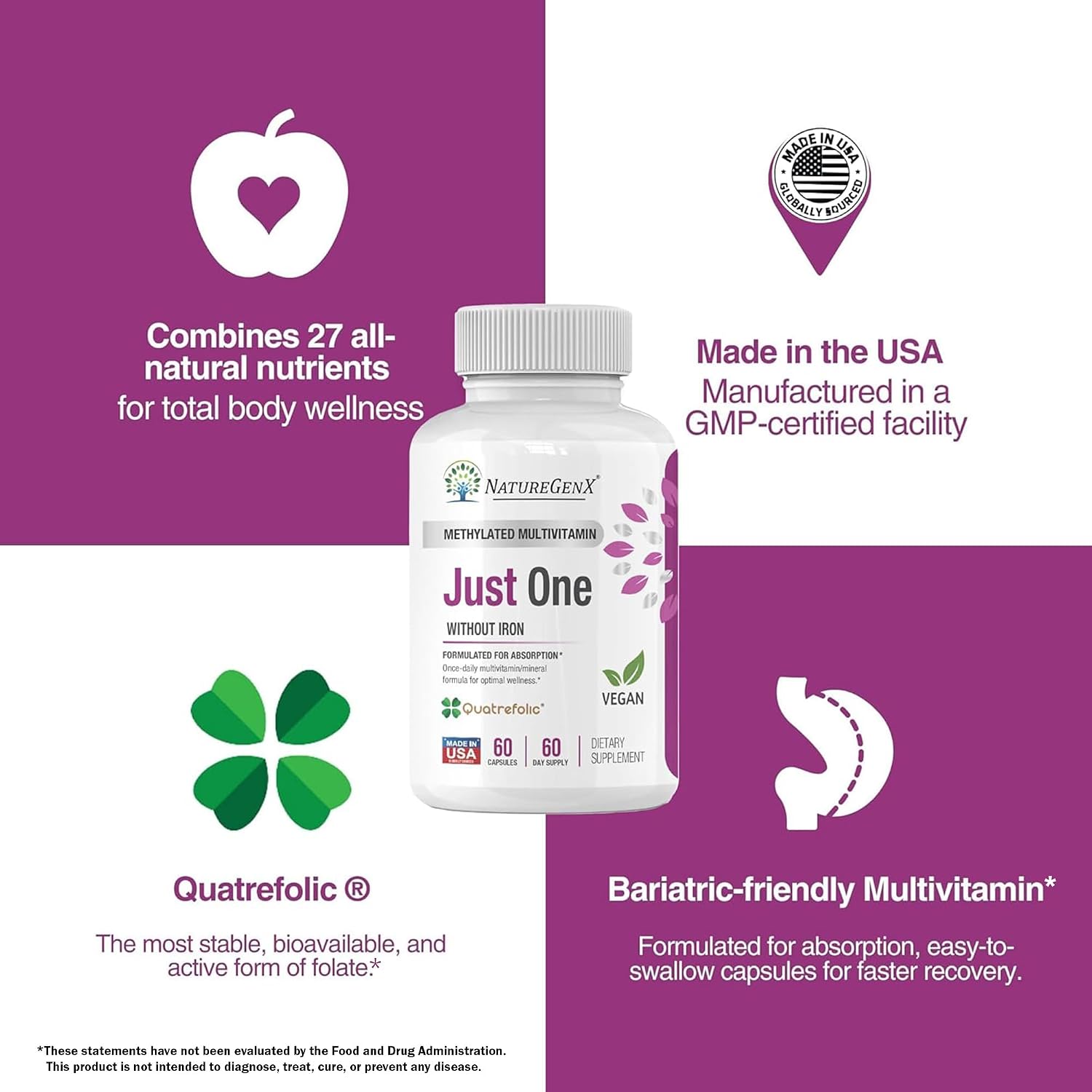 NatureGenX Just One Daily Methylated Multivitamin – Iron-Free – 60 Cápsulas (2 Meses)