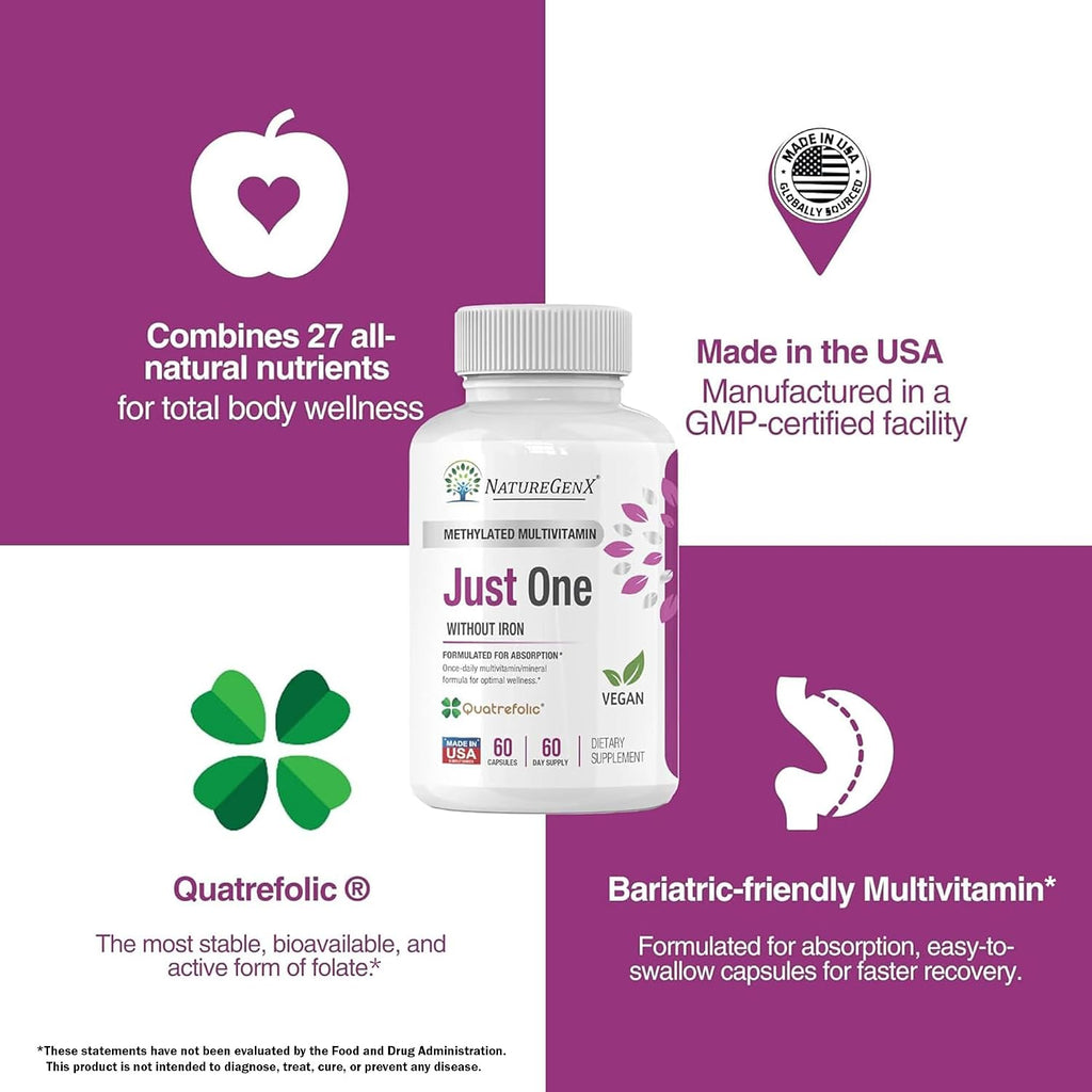 NatureGenX Just One Daily Multivitamínico Metilado - Sin Hierro con Metil B12 y Quatrefolic Metilfolato - 120 Cápsulas Veganas (2 Envases, 4 Meses)
