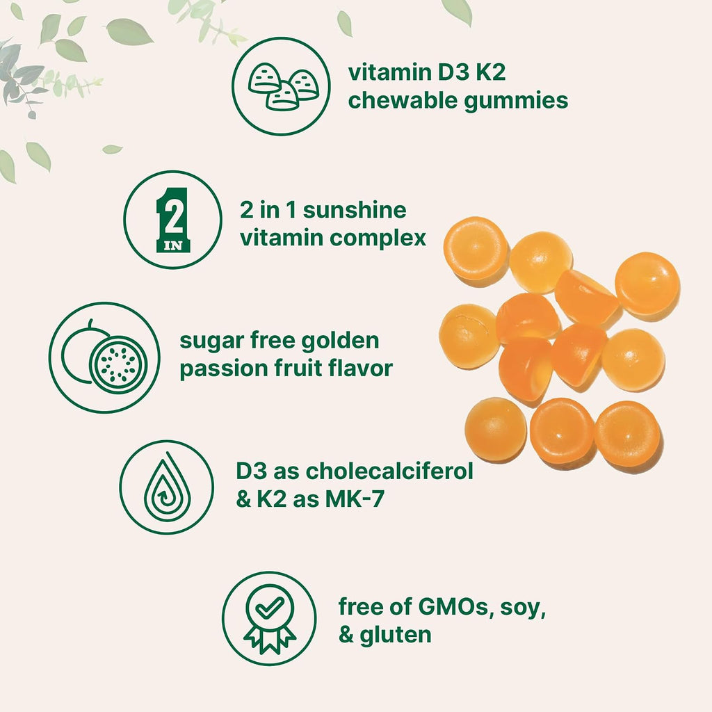 Micro Ingredients Vitamina D3 K2 Gummies, 120 unidades | 5.000 UI Vitamina D + 100 mcg K2 MK-7 | Gominolas sin azúcar sabor maracuyá | No GMO, Sin Gluten