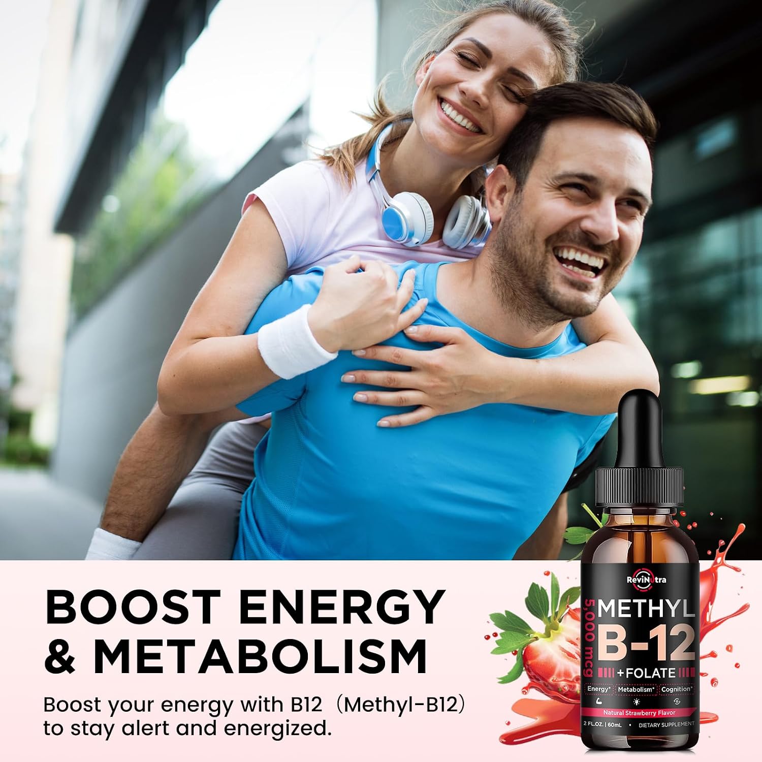 ReviNutra Vitamina B12 Líquida 5000 mcg con Complejo B - Metilcobalamina, B6 y Folato - Sabor Fresa Natural - 60 ml