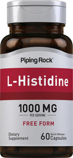 Piping Rock L-Histidina 1000 mg | 60 Cápsulas | Suplemento de Aminoácido Esencial Sin OGM y Sin Gluten
