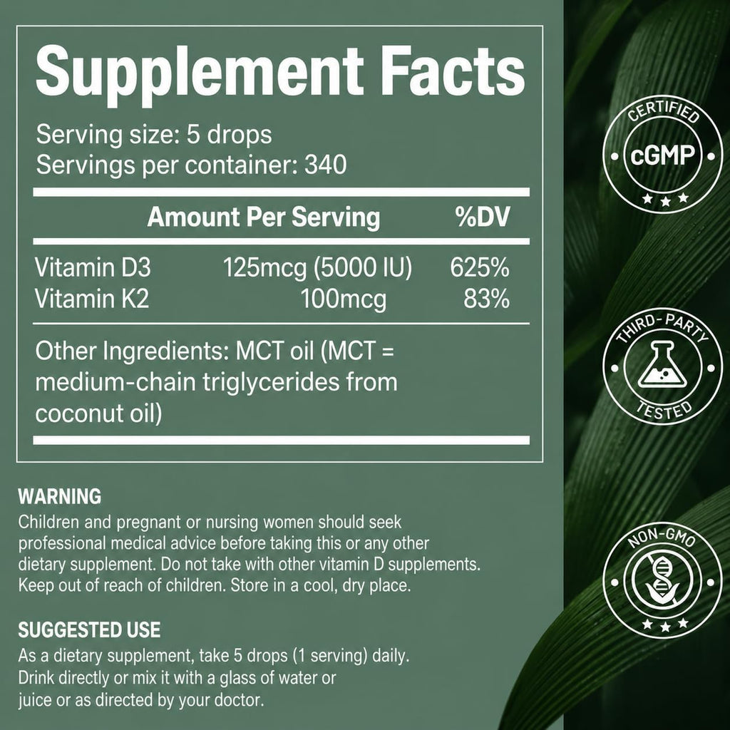 NaturElan Vitamin D3 5000 UI & K2 (MK-7) Gotas con Aceite MCT - 1,69 fl oz
