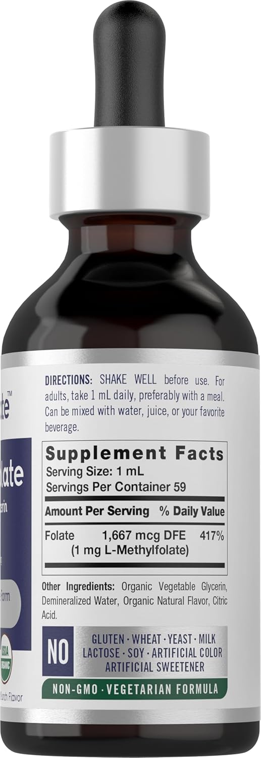 Carlyle L-Methylfolate Gotas 1 mg, 60 ml - Complemento Alimenticio Líquido Sublingual con Glicerina Orgánica