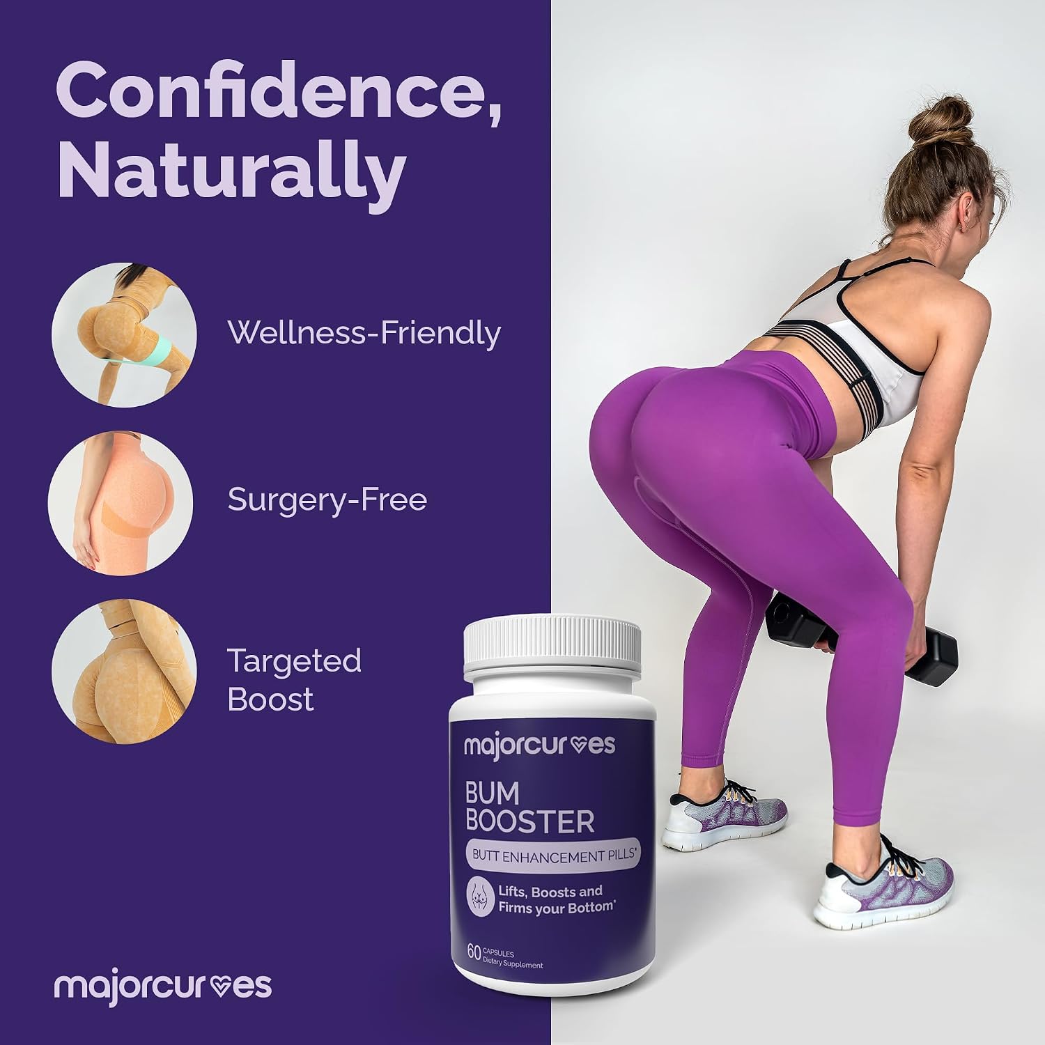 Major Curves Bum Booster Pills – Cápsulas para Aumento de Glúteos y Caderas, Alternativa Natural al BBL con Fenogreco y Ñame Silvestre