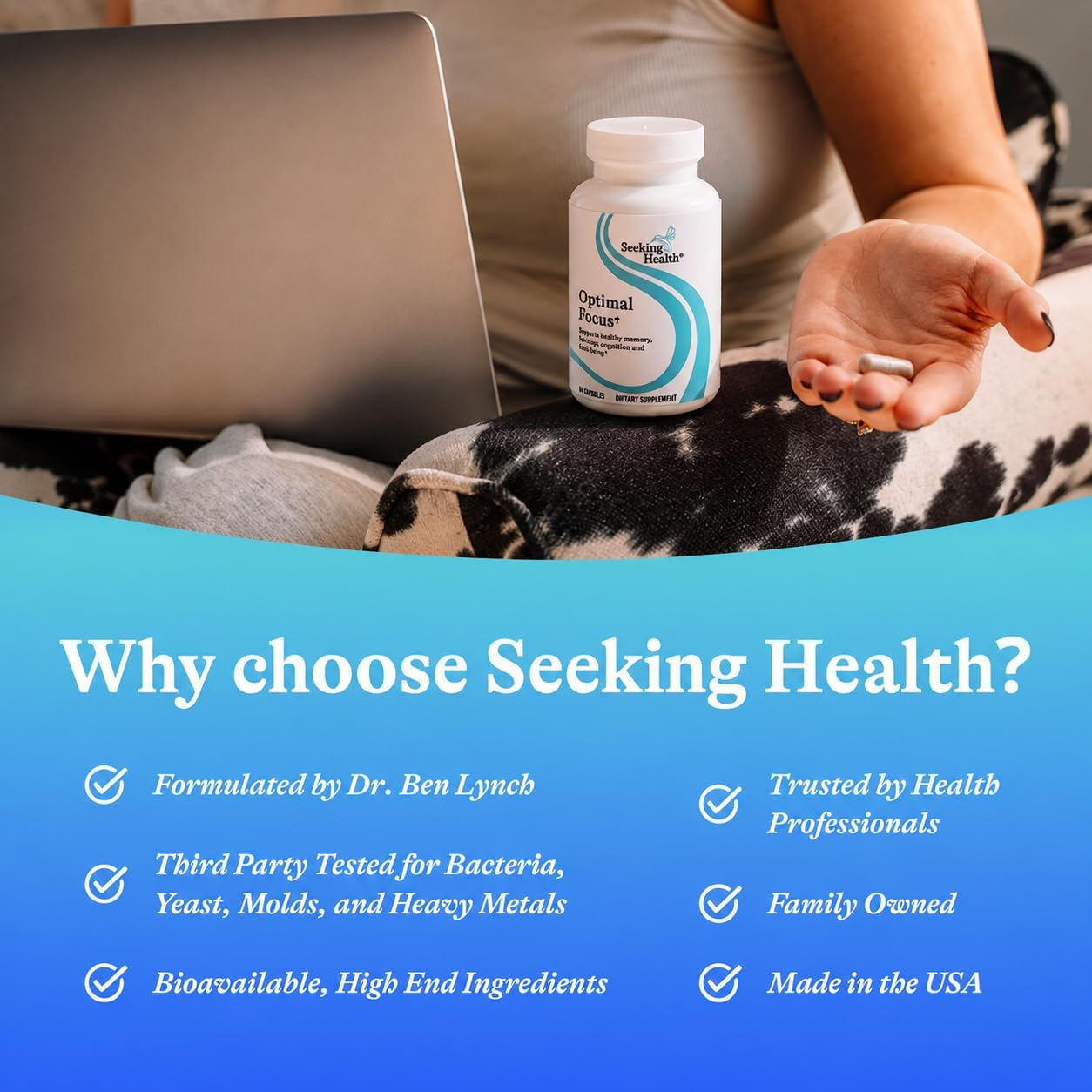 Seeking Health Optimal Focus – Suplemento Nootrópico para Memoria y Concentración, Sin Cafeína ni Estimulantes, con Colina, DHA de Algas y Ginseng Americano (60 Cápsulas)