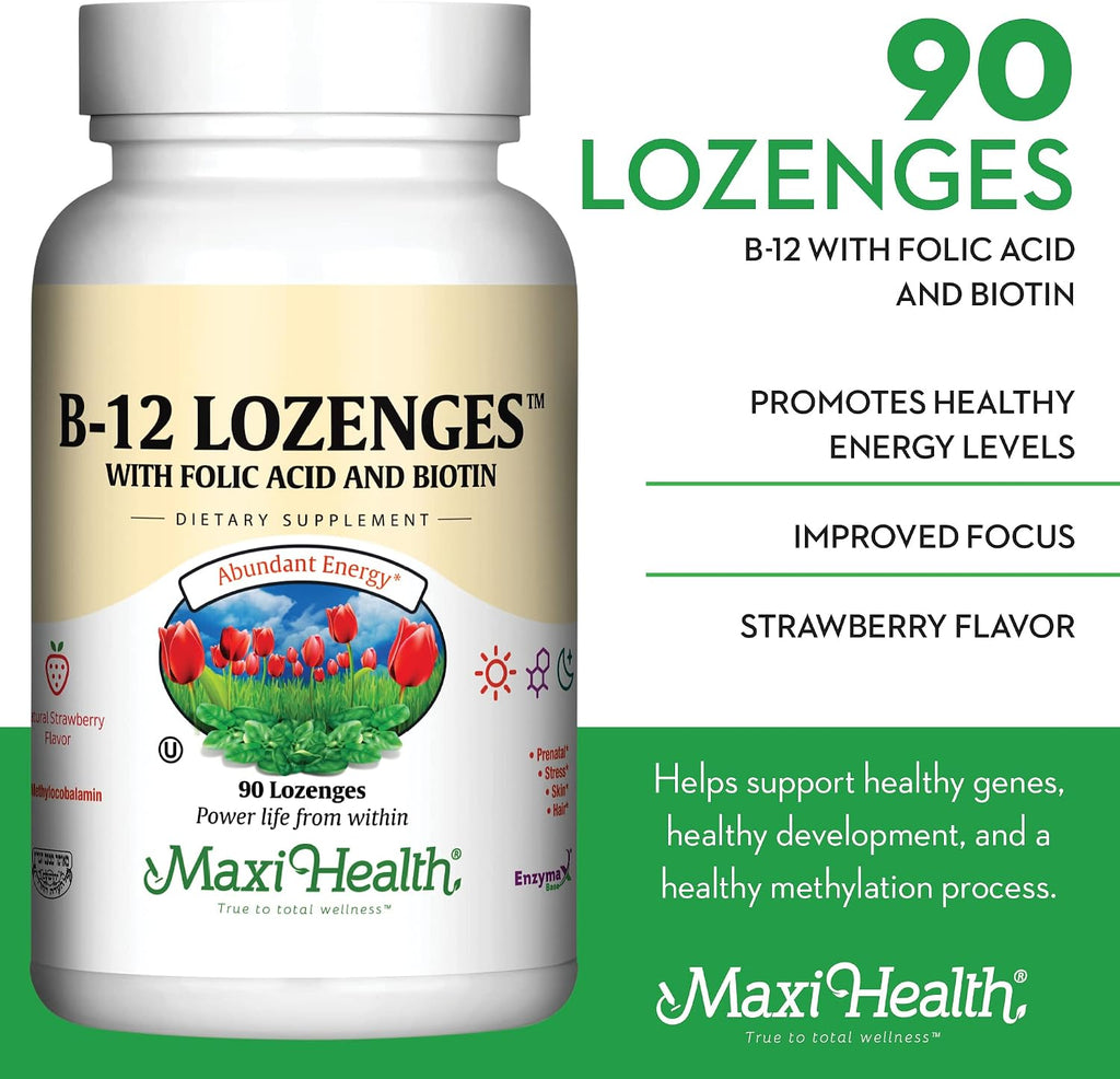 Vitamin B12 Lozenges with Folic Acid and Biotin - 800 mcg Sublingual B12 Lozenges Sabor Fresa - 90 Comprimidos