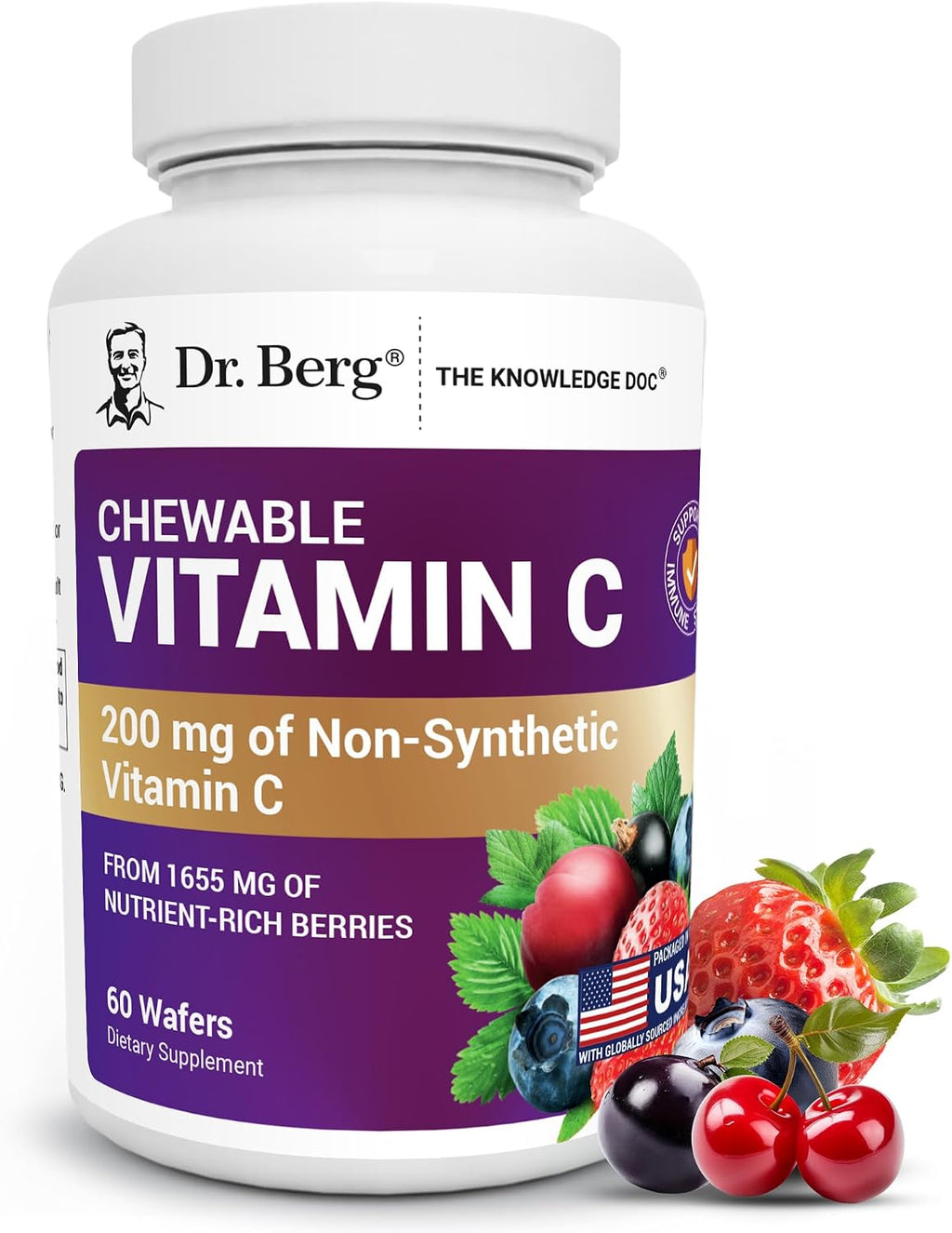 Dr. Berg Complejo de Vitamina C Masticable - Elaborado con Bayas Orgánicas No-GMO - 60 Deliciosas Pastillas