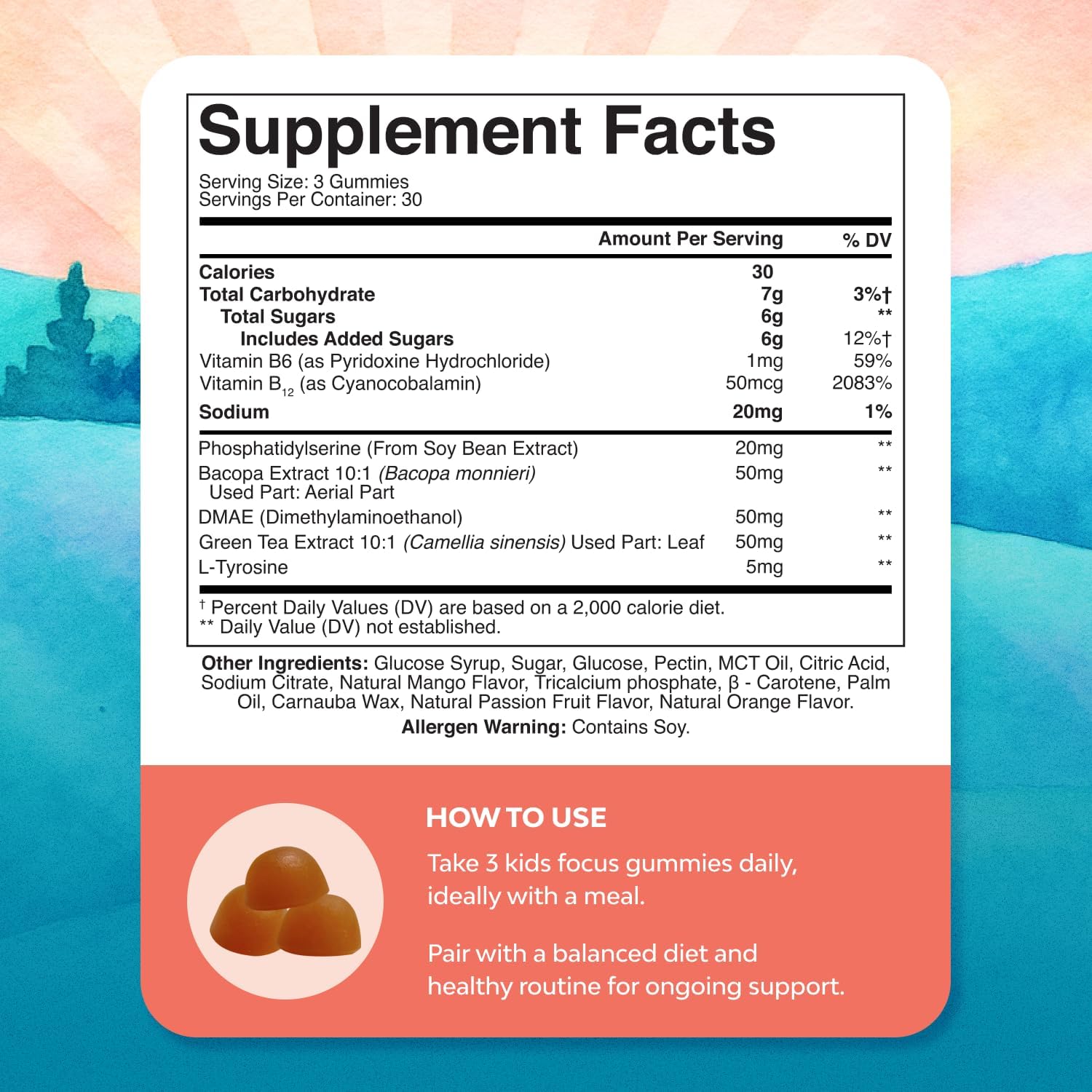 Kids Focus Gummies - Gomitas de Concentración para Niños con Extracto de Té Verde, Vitaminas B6 y B12 - 90 unidades