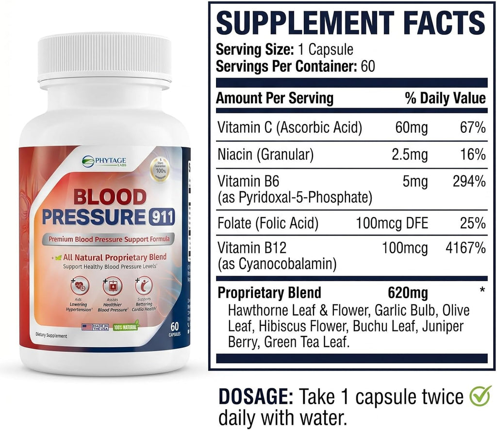Blood Pressure 911 – Suplemento para el Apoyo de la Presión Arterial – Fórmula Natural con Espino Blanco, Olivo y Vitamina B12 – 60 Cápsulas