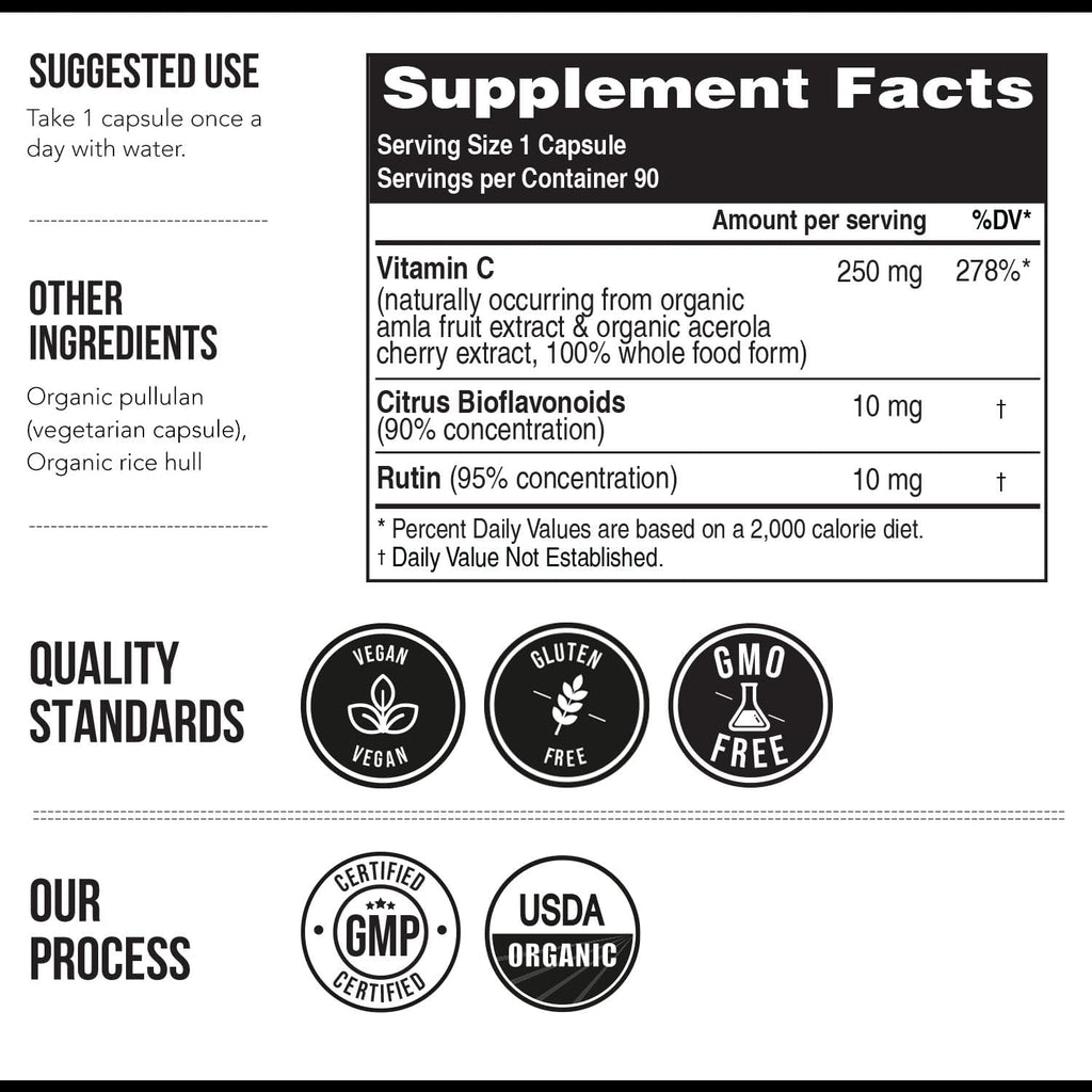 Triquetra Health – Vitamina C Orgánica de Fruta Entera con Bioflavonoides y Rutina (250 mg, 90 Cápsulas)
