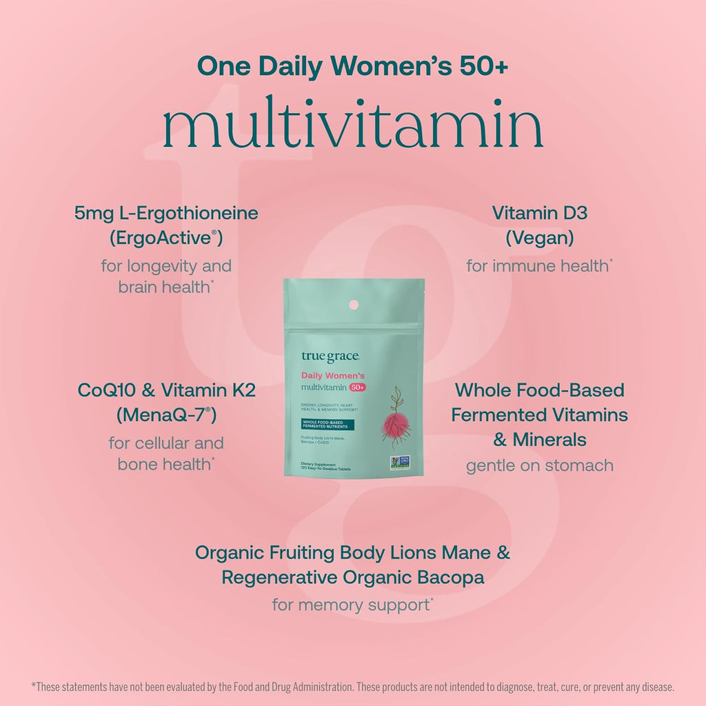 True Grace Multivitamínico Diario para Mujeres 50+ - 120 Comprimidos - Apoyo Inmunológico, Energía, Longevidad y Memoria - Vegano - Sin Gluten, Soja ni Hierro