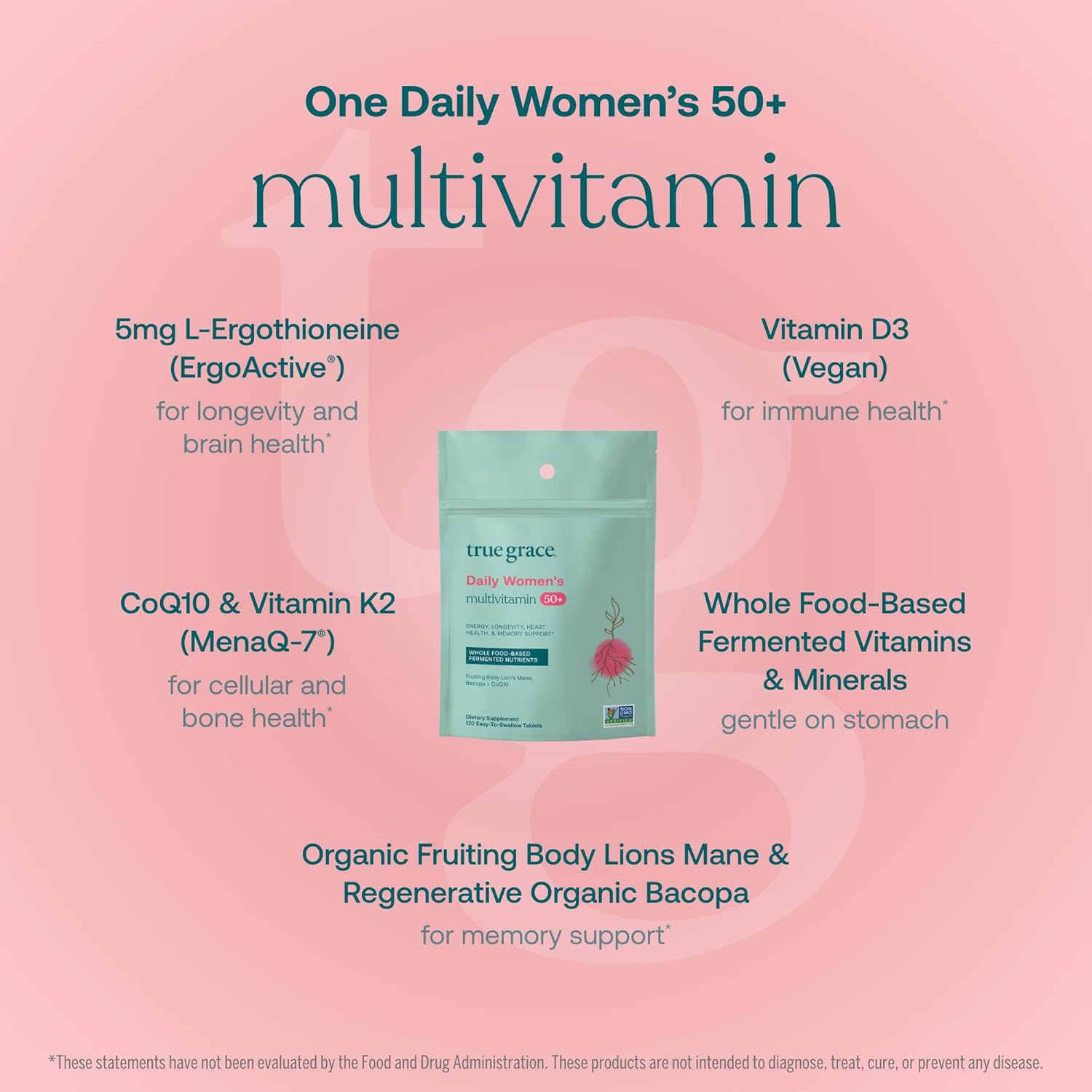 True Grace Multivitamínico Diario para Mujeres 50+ - 120 Comprimidos - Apoyo Inmunológico, Energía, Longevidad y Memoria - Vegano - Sin Gluten, Soja ni Hierro