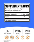 BulkSupplements Inositol en Polvo - Suplemento de Inositol, Vitamina B8 - Sin Sabor, Sin Gluten, 1g por Ración, 250g (8.8 oz)
