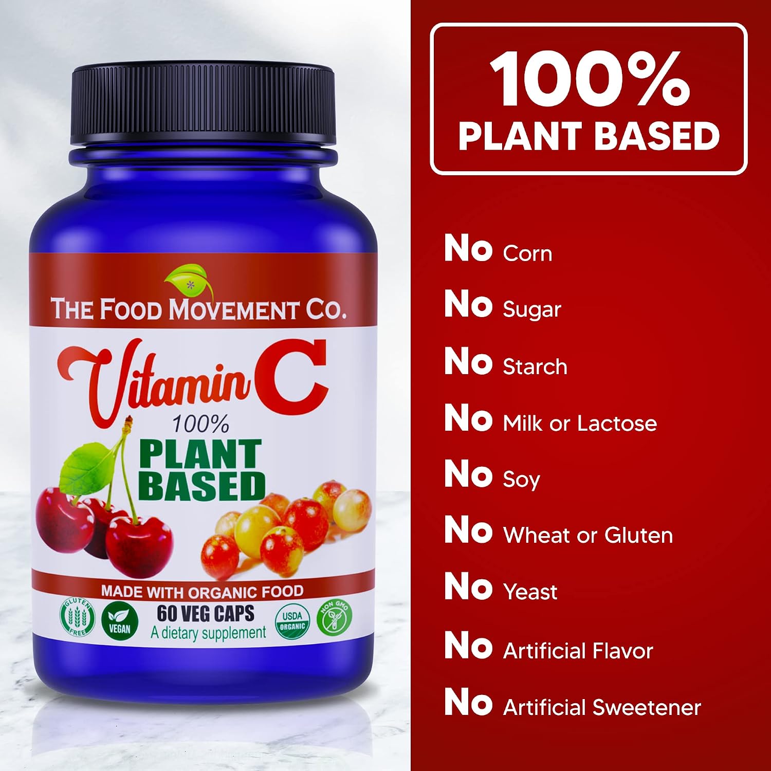 THE FOOD MOVEMENT CO. 100% Plant-Based Vitamin C - 125 mg, 60 Cápsulas - Suplemento Alimenticio Vegano y Orgánico