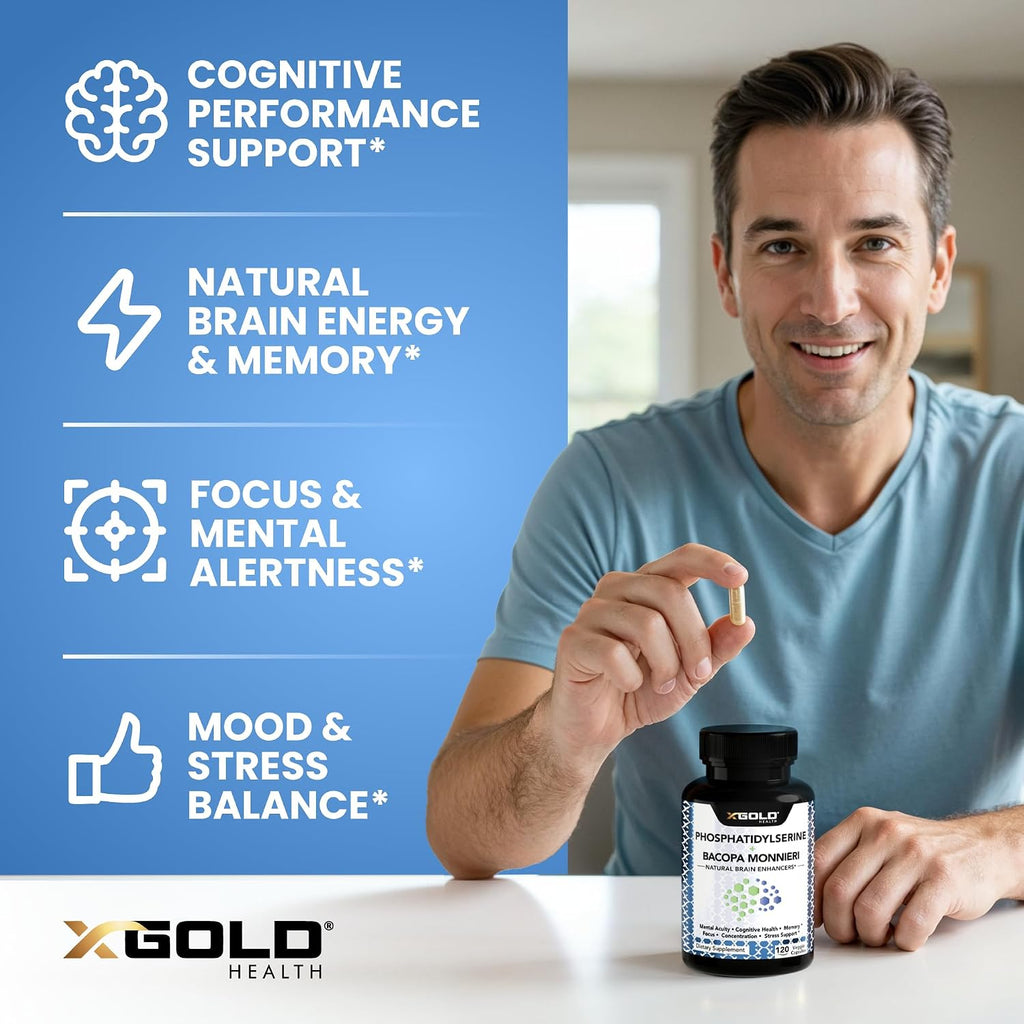 X Gold Health Phosphatidylserine y Bacopa Monnieri 800 mg | Suplemento Nootrópico para el Enfoque y la Memoria | 120 Cápsulas Vegetales