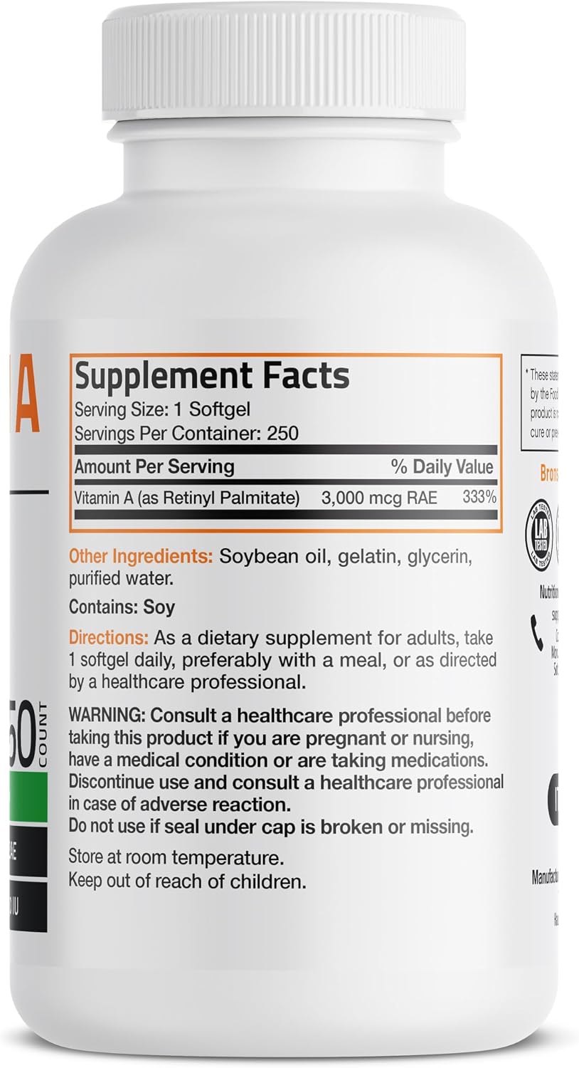 Bronson Vitamina A 10.000 UI - 250 Cápsulas Blandas - Fórmula Premium Sin OGM
