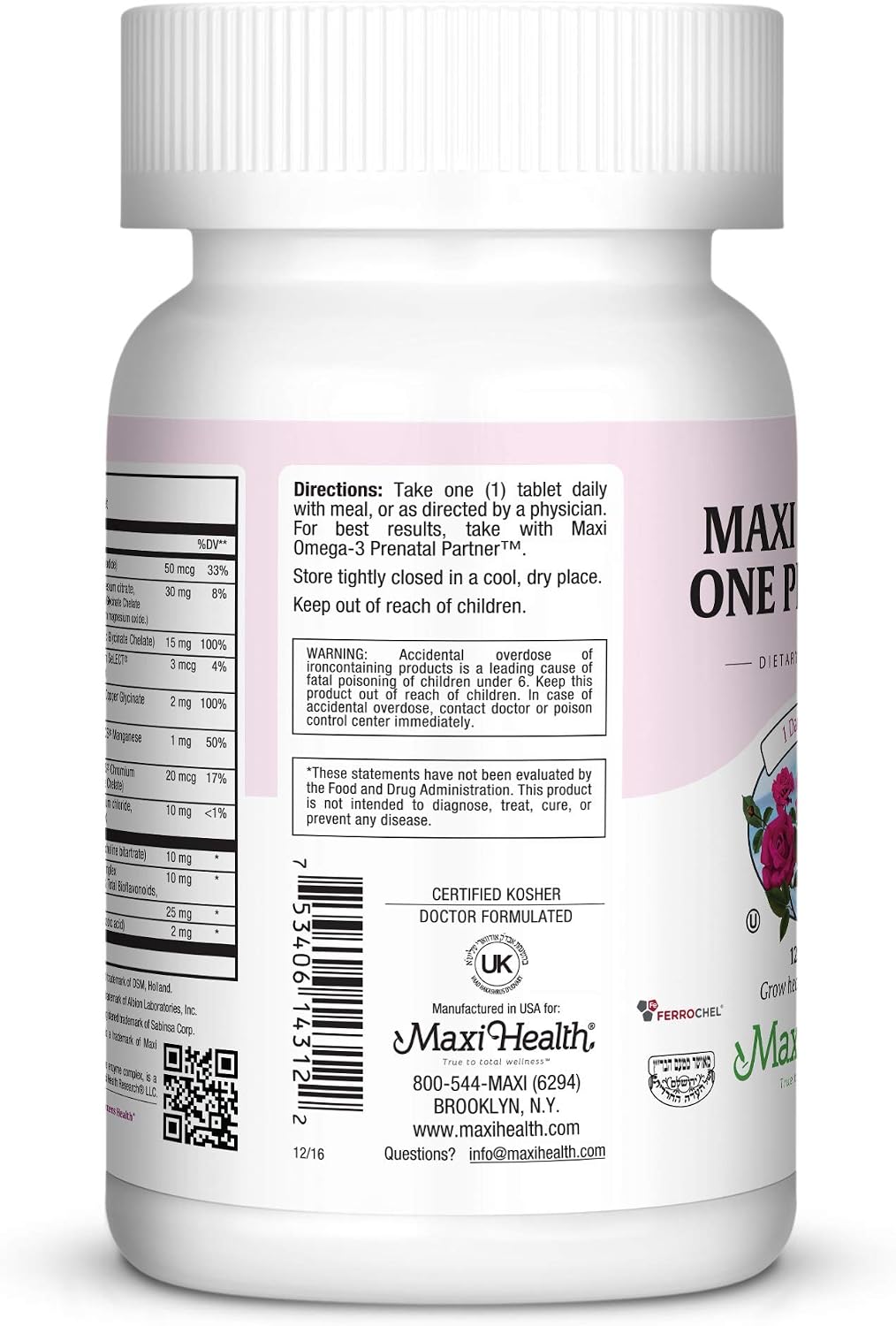 Maxi Health Vitaminas Prenatales para Mujeres – Una al Día con Hierro, Folato, Colina, Vitamina D3 y Nutrientes Esenciales – Suplemento de Alta Absorción – 120 Comprimidos