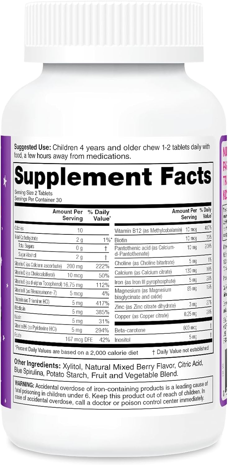KidStar Nutrients StarMulti, Multivitamínico y Multimineral Masticable para Niños, con Alimentos Integrales Fermentados Orgánicos, Vegano, Sin Azúcar, Sabor Space Berry, 60 Comprimidos Masticables