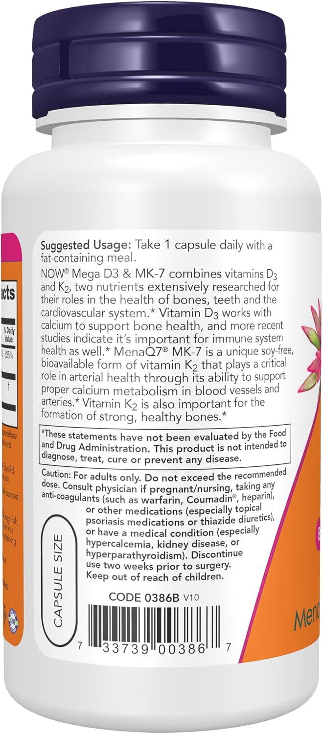 NOW Foods Mega D-3 & MK-7 - 5000 UI / 180 mcg, 120 Cápsulas