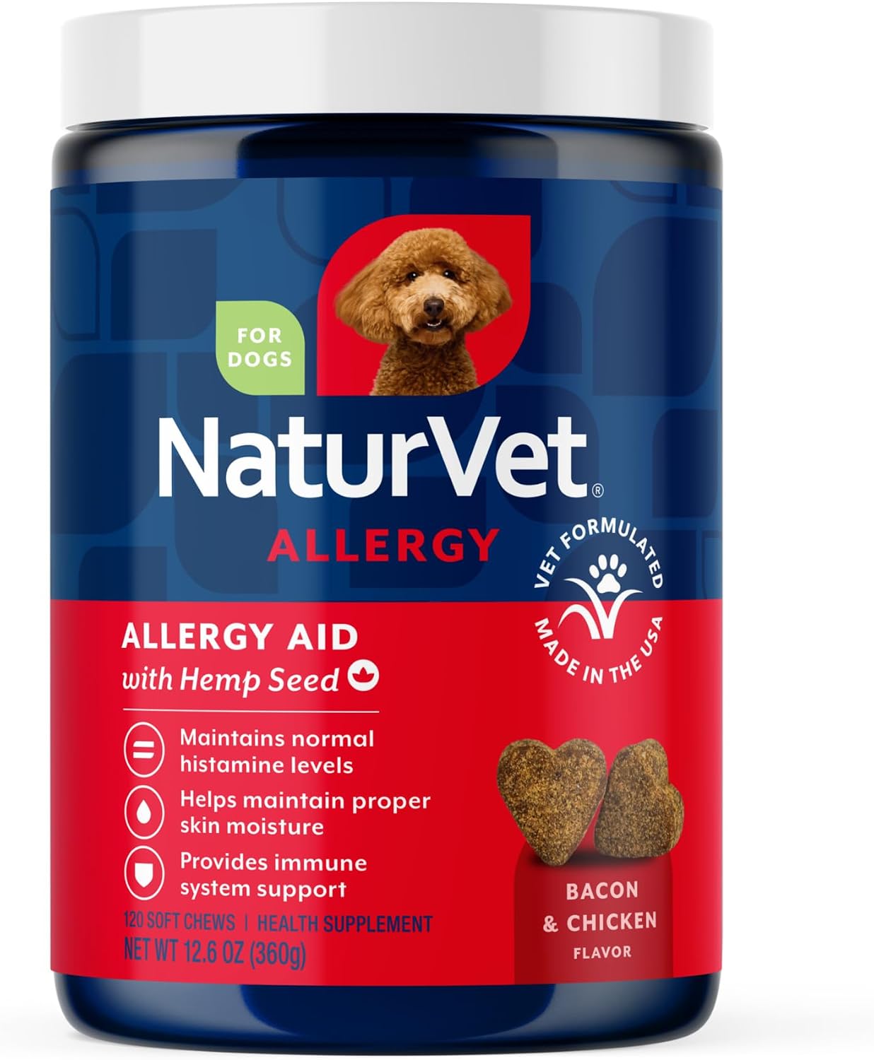 NaturVet Hemp Allergy Aid Suplemento para Alergias en Perros con Cáñamo, Antioxidantes y Omega-3, 120 masticables blandos