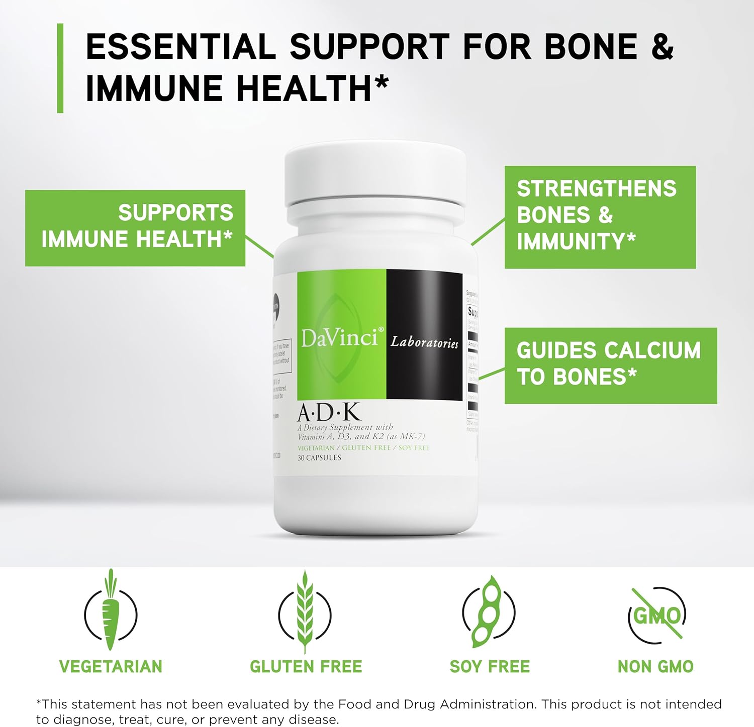 DAVINCI Labs ADK - Suplemento con Vitaminas A, D3 y K2 (MK-7) - 30 Cápsulas Vegetarianas