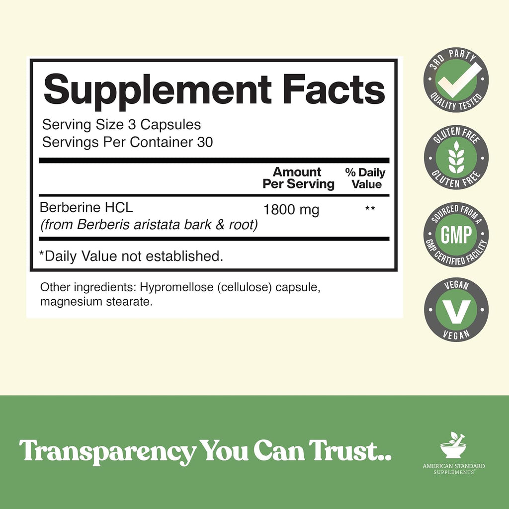 American Standard Supplements Berberina 1800 mg por porción, 90 cápsulas vegetales