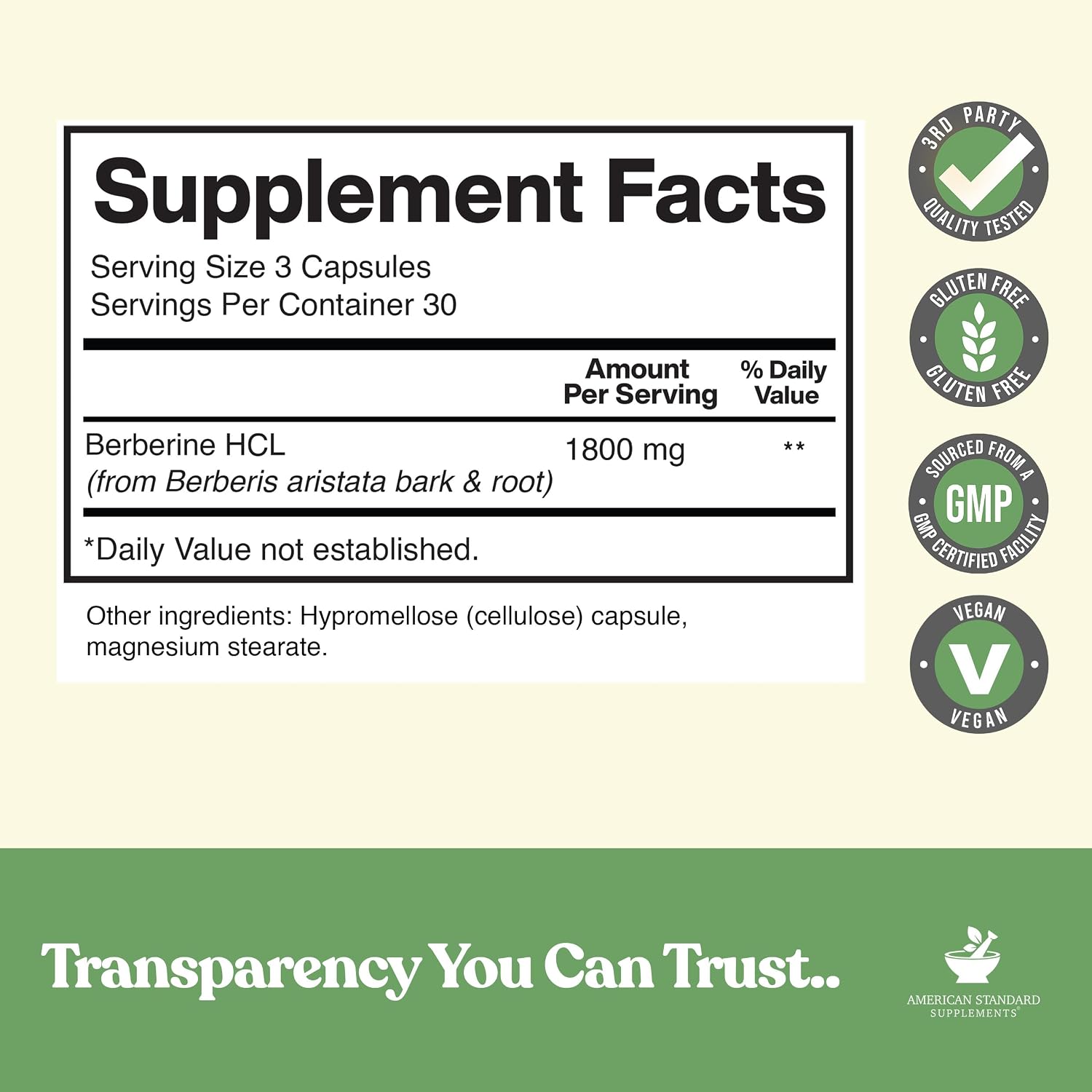 American Standard Supplements Berberina 1800 mg por porción, 90 cápsulas vegetales