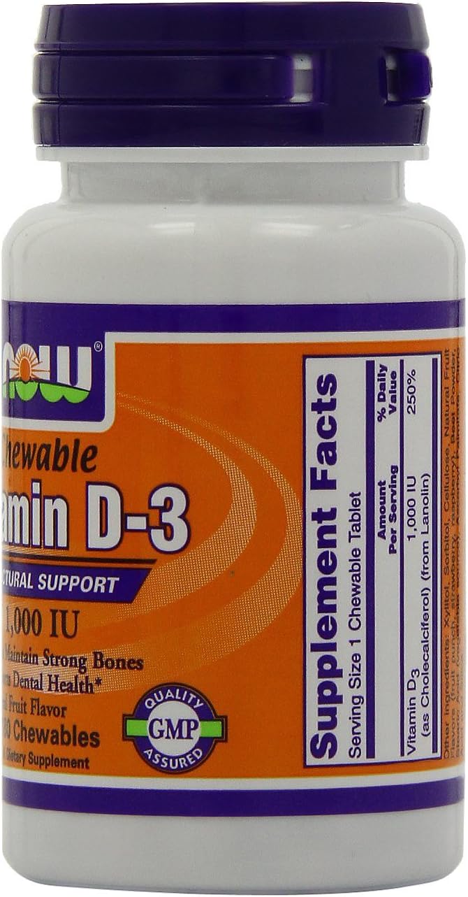 NOW Foods Vitamina D-3 1.000 UI 180 Comprimidos Masticables (Paquete de 2)