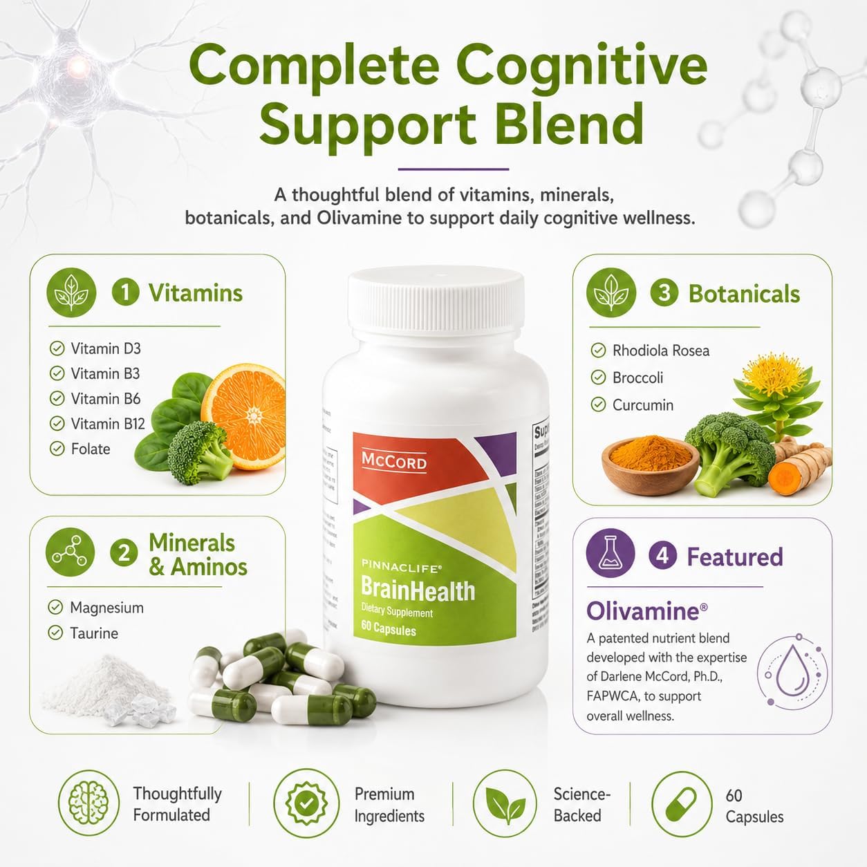 McCord BrainHealth Complemento Cerebral con Olivamine, Vitaminas D3, B6, B12, Rhodiola Rosea, Magnesio y Taurina