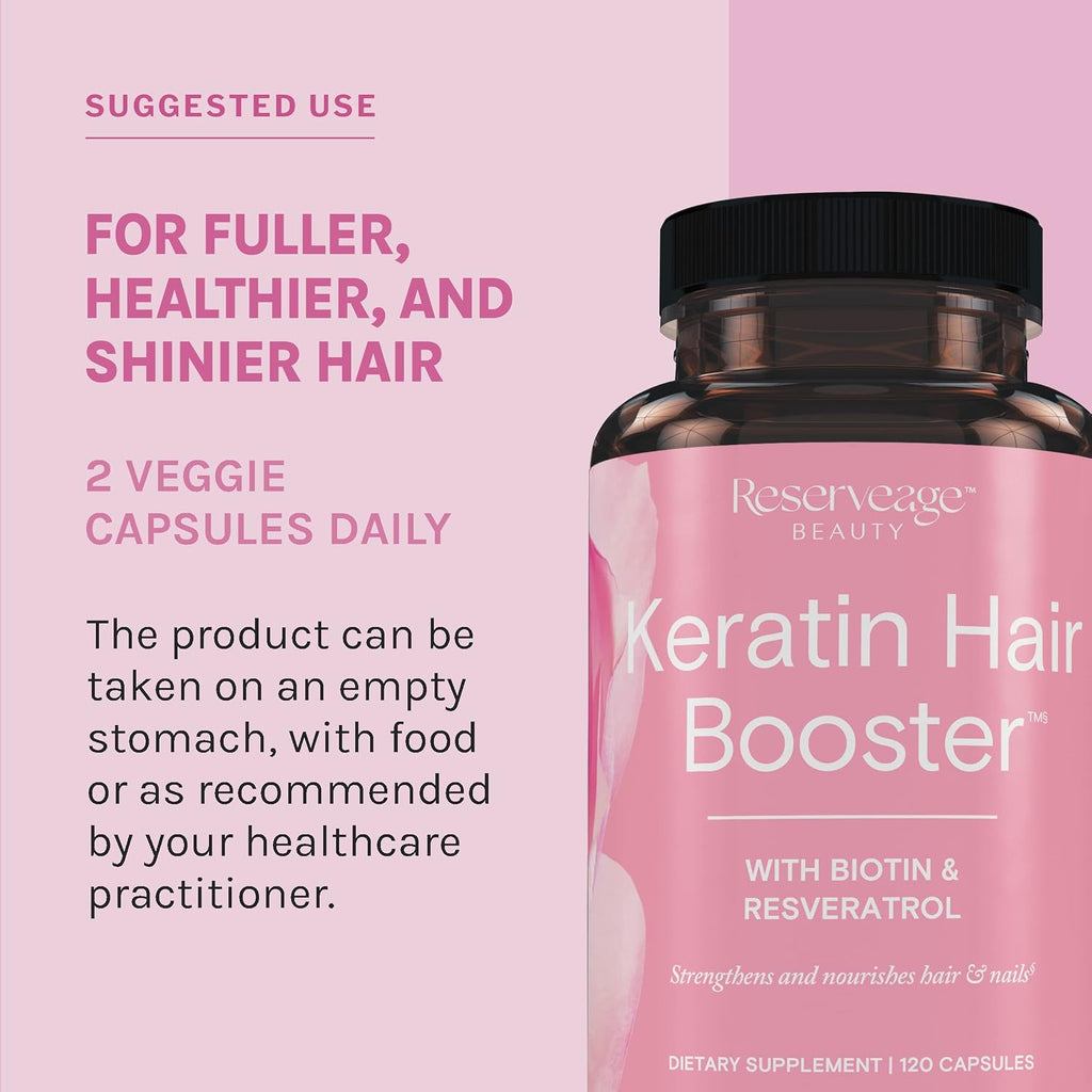 Reserveage Beauty Keratin Hair Booster con Biotina y Resveratrol - Suplemento para Cabello y Uñas - 120 Cápsulas