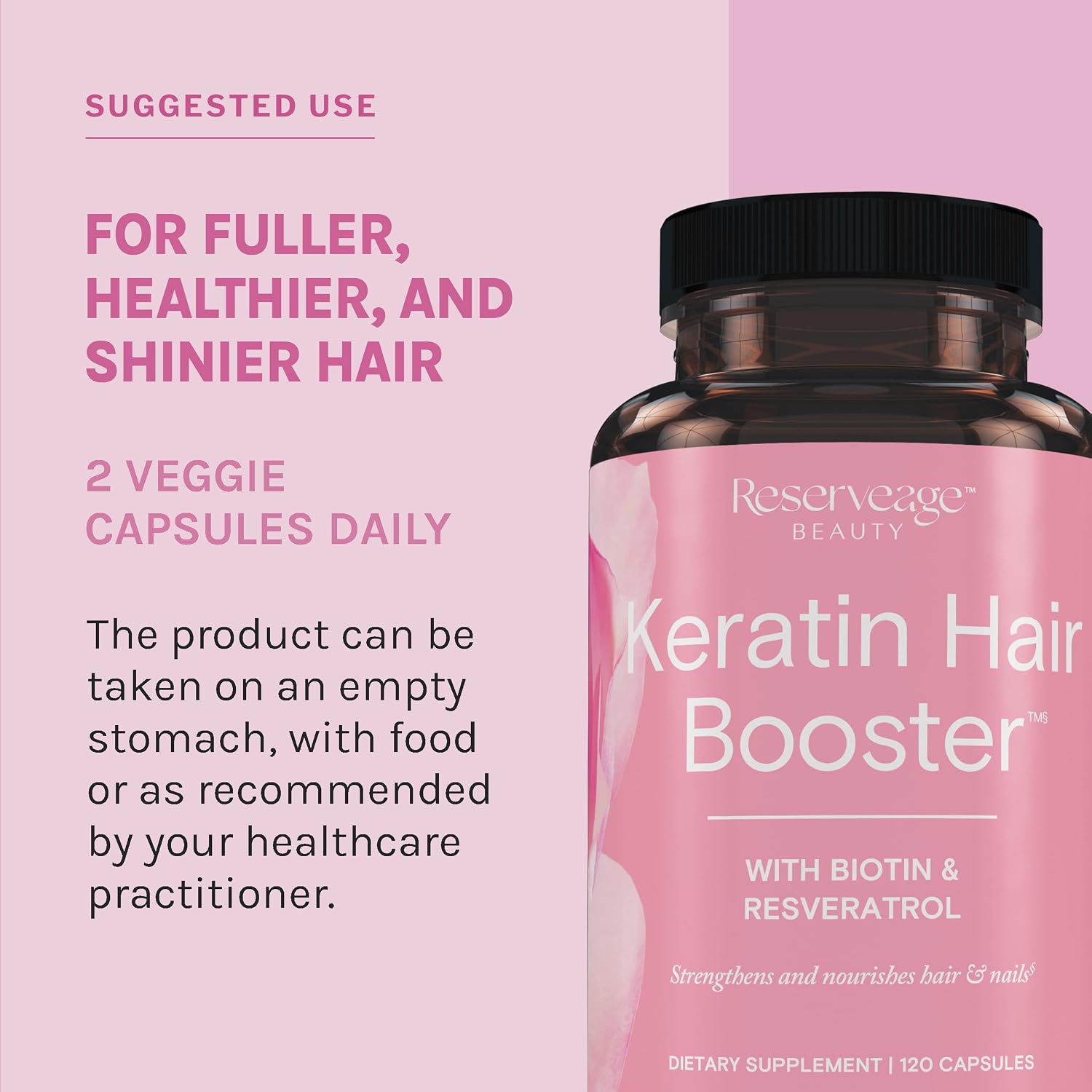 Reserveage Beauty Keratin Hair Booster con Biotina y Resveratrol - Suplemento para Cabello y Uñas - 120 Cápsulas