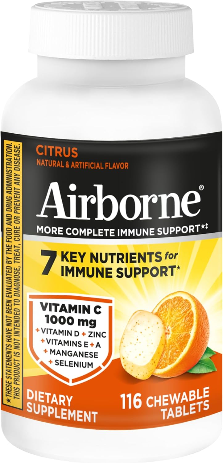 Airborne tabletas masticables sabor cítrico, 116 unidades | Suplemento para el sistema inmunitario con 1000 mg de vitamina C + vitaminas A, D, E, zinc, selenio y manganeso | Mezcla de hierbas | Sin gluten