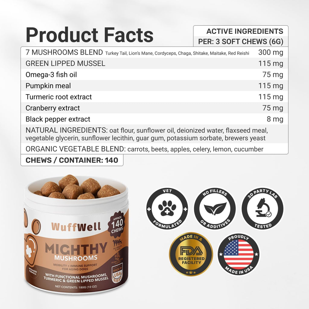 WuffWell Mighty Mushroom Suplemento para Perros - Cola de Pavo, Mejillón de Labios Verdes y Cúrcuma - 7 Setas