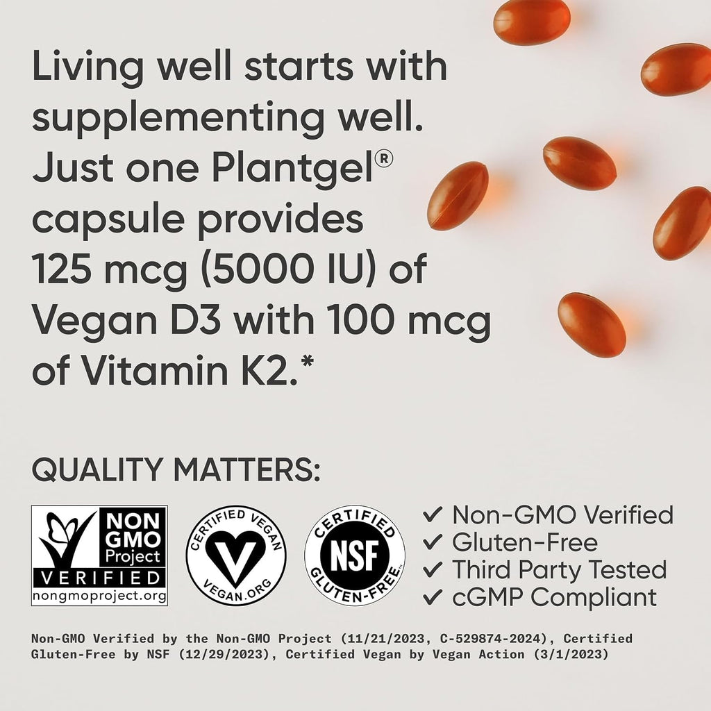 Sports Research Vitamina D3 con K2 MK-7 5000 UI + 100 mcg - 120 Cápsulas Blandas Veganas