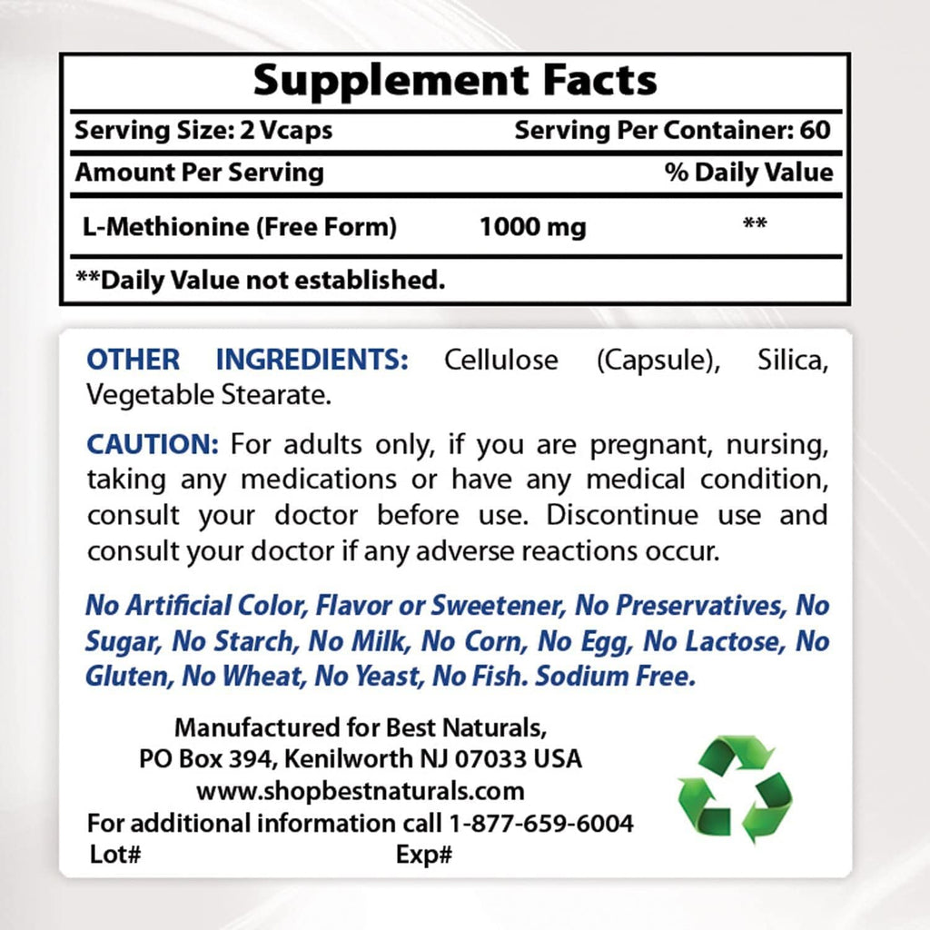 Best Naturals L-Metionina 500 mg, 120 Cápsulas Vegetarianas