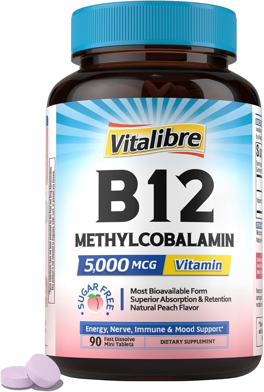 Vitalibre Vitamina B12 Sublingual 5000 mcg, Metilcobalamina, Forma Bioactiva, Vegano, 180 Comprimidos de Disolución Rápida, Sabor Melocotón Natural