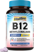 Vitalibre Vitamina B12 Sublingual 5000 mcg, Metilcobalamina, Forma Bioactiva, Vegano, 90 Comprimidos de Disolución Rápida, Sabor Melocotón Natural