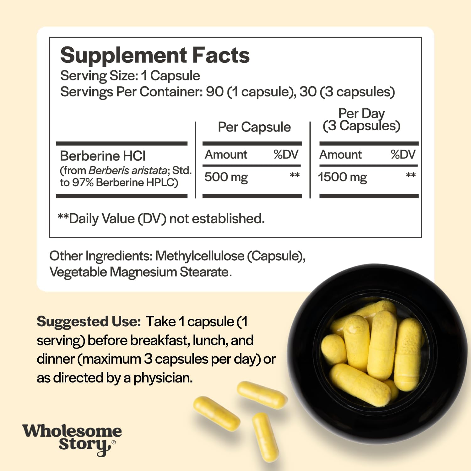 Wholesome Story Berberina 1500mg - 90 Cápsulas de Berberina HCL con 97% de Pureza Estandarizada