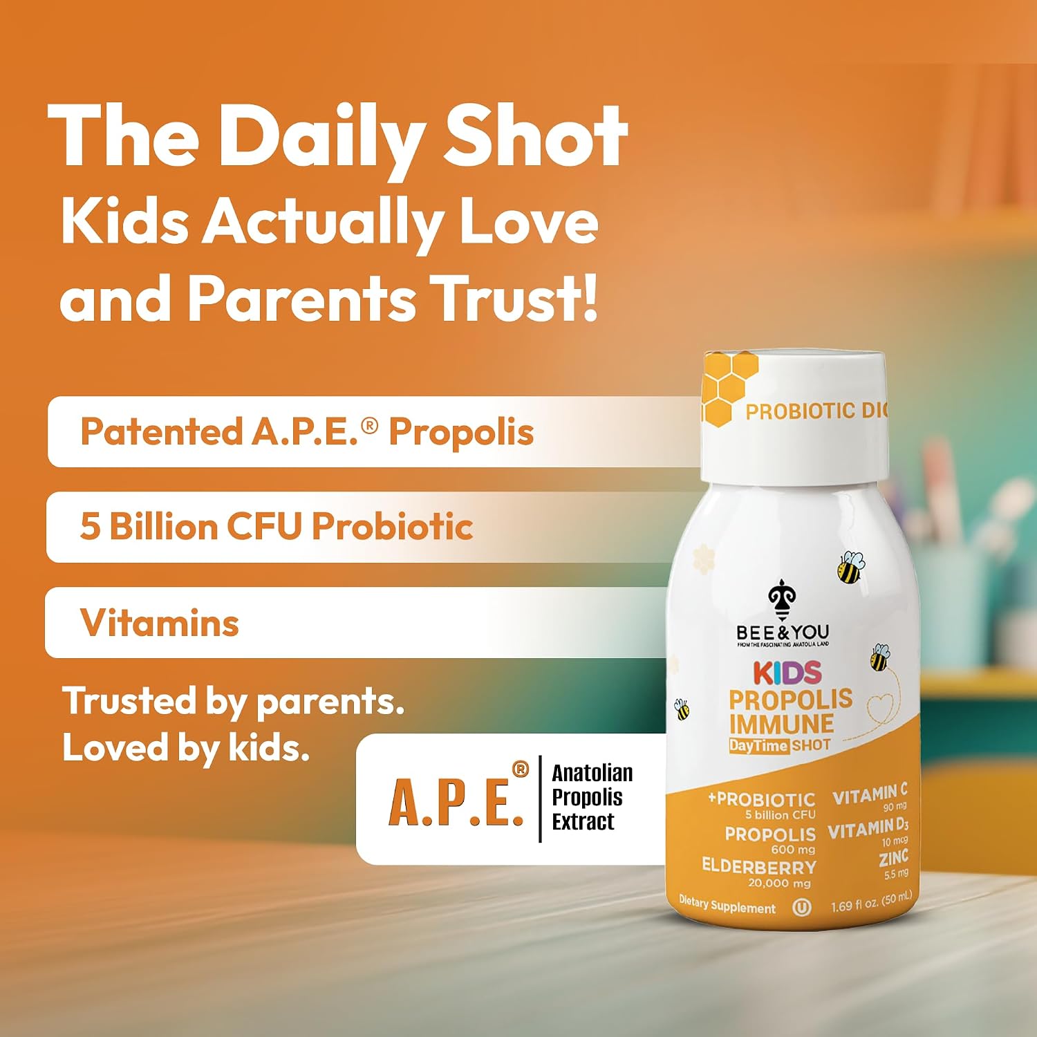 Bee and You Kids Propolis Immune Day Time Shot - Probiótico, Vitamina C, D3, Zinc, Apoyo Inmunitario y Digestivo, 1.69 fl oz, Pack de 12